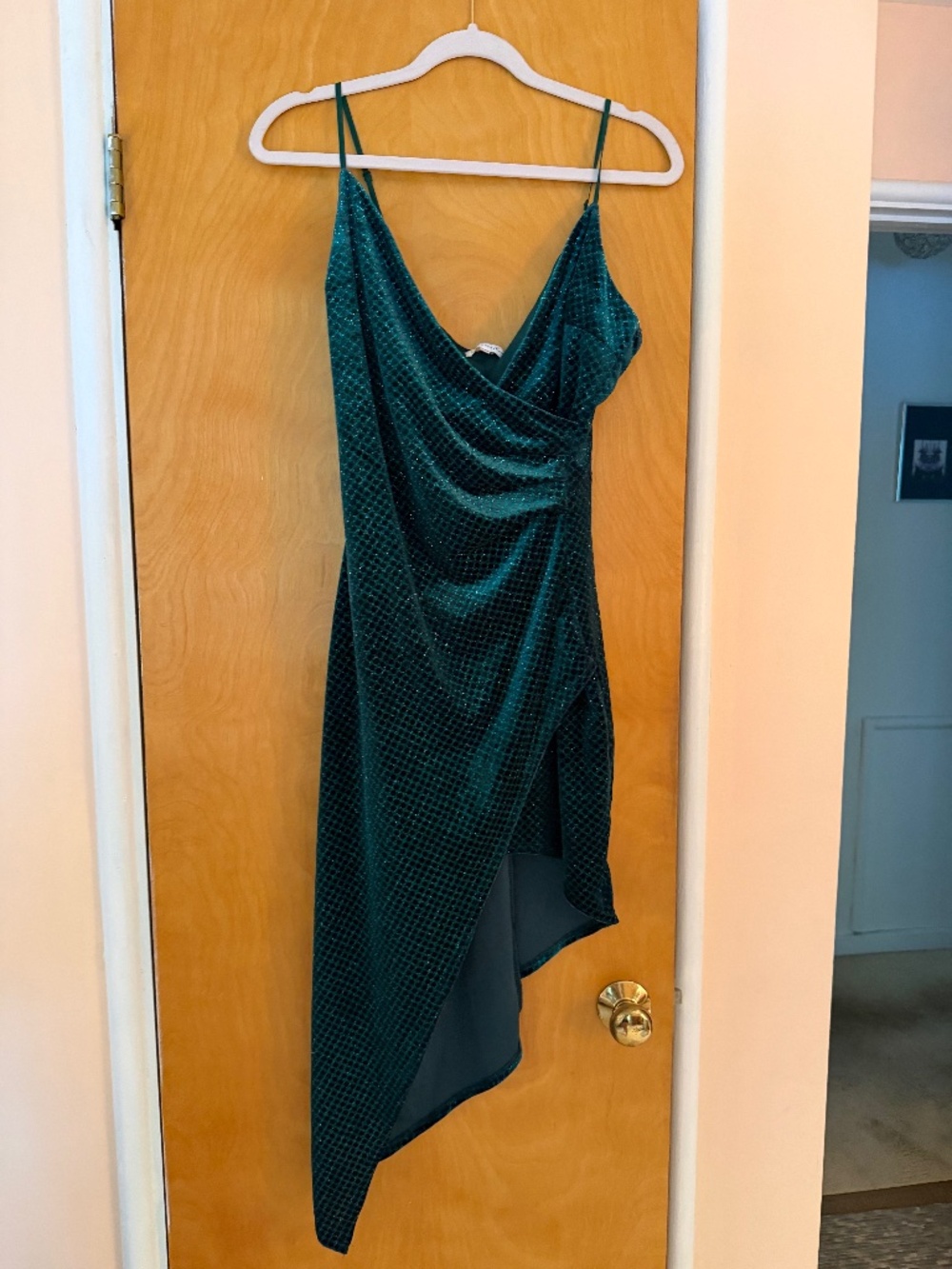 Sparkly Velvet Green Asymmetrical Ruched Bodycon Dress, Honey and Rosie, Size L